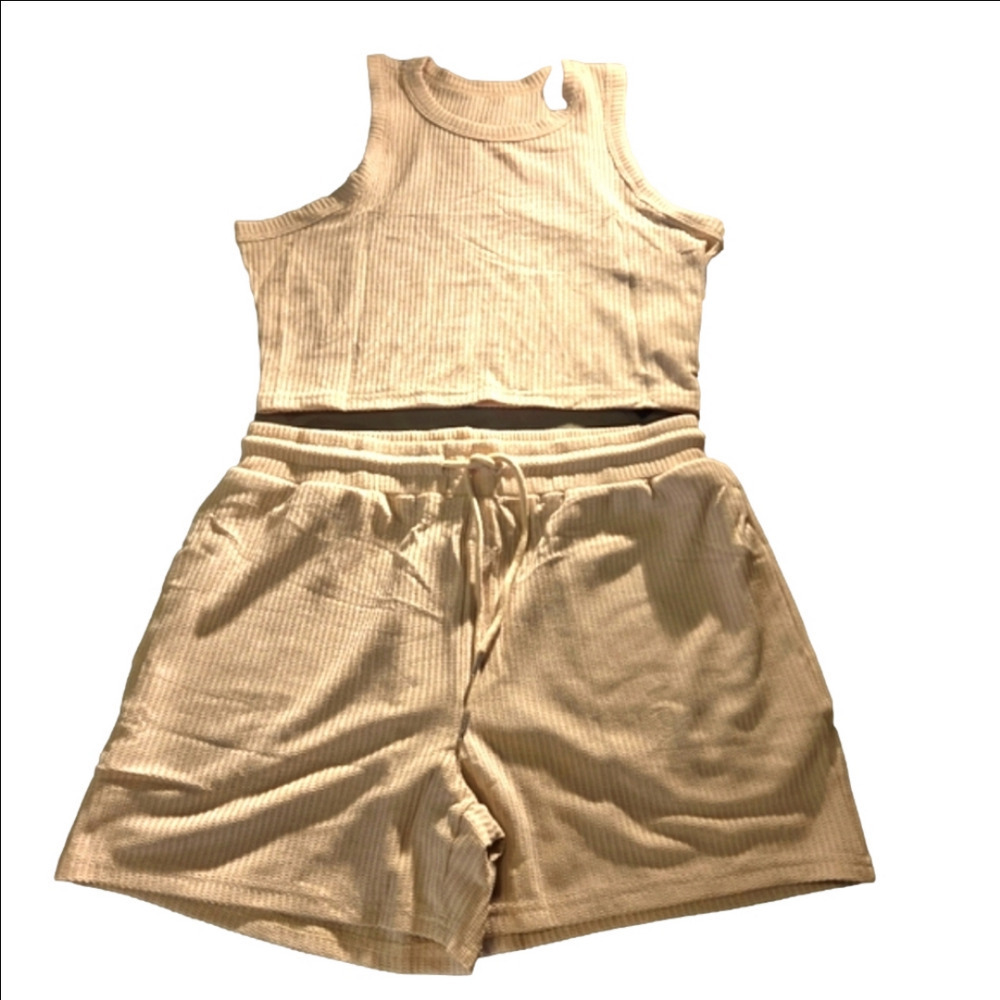 Dressin 2pc Ribbed Fabric Racerback Crop Top & Shorts / Drawstring Women size XL